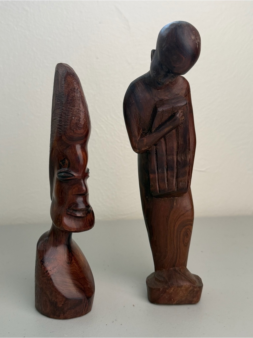 Vintage Rwanda Hand Carved Wood African Figures Statues Pair Folk Art Decor